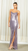 Stephanie Cowl Draped Sequin Gown in Lilac
