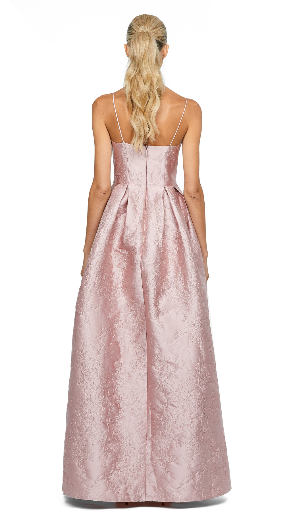Balmy Nights Scoop Ball Gown in Blush/Gold back