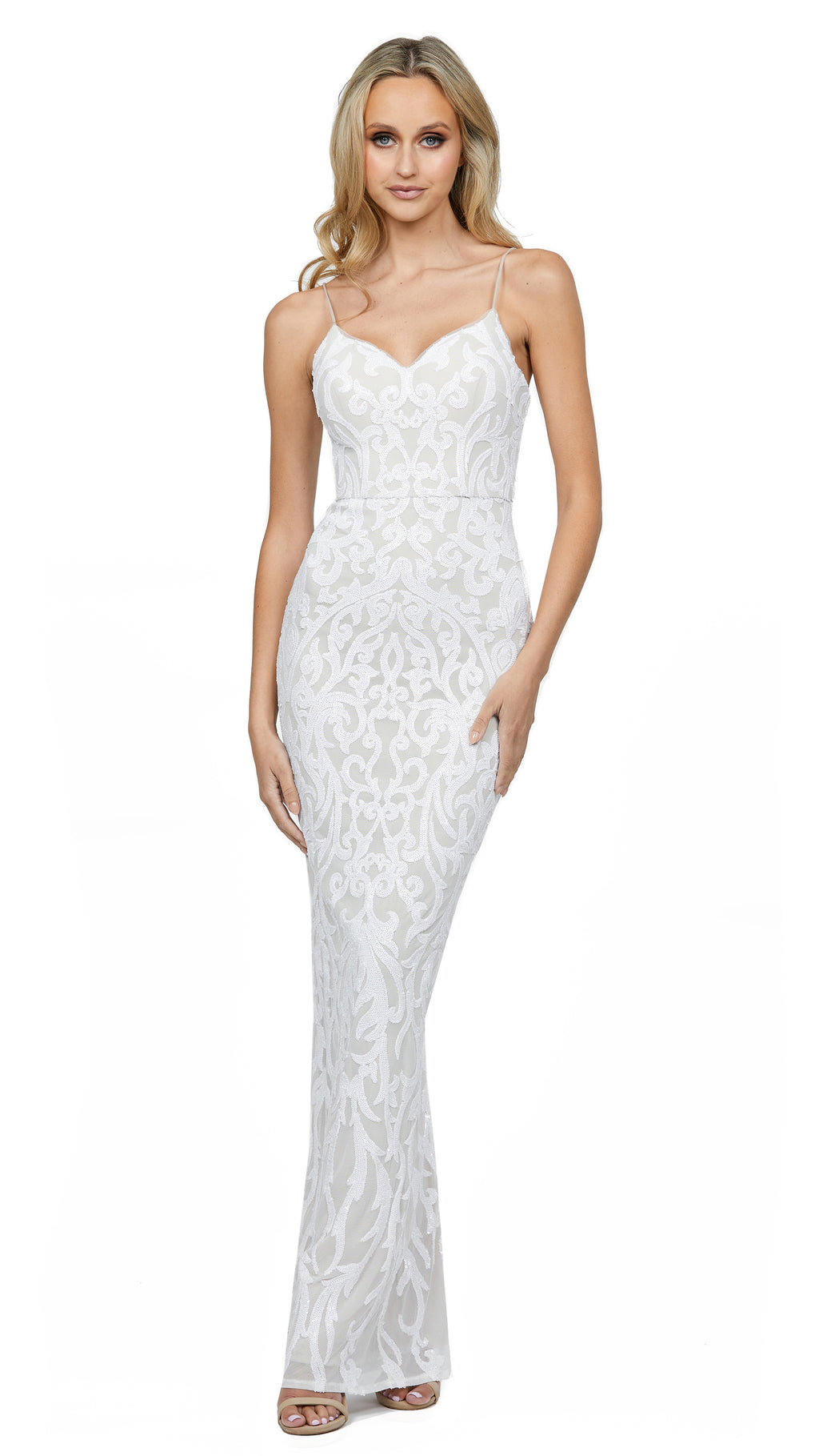 Sherlie V Neck Gown in White/Nude