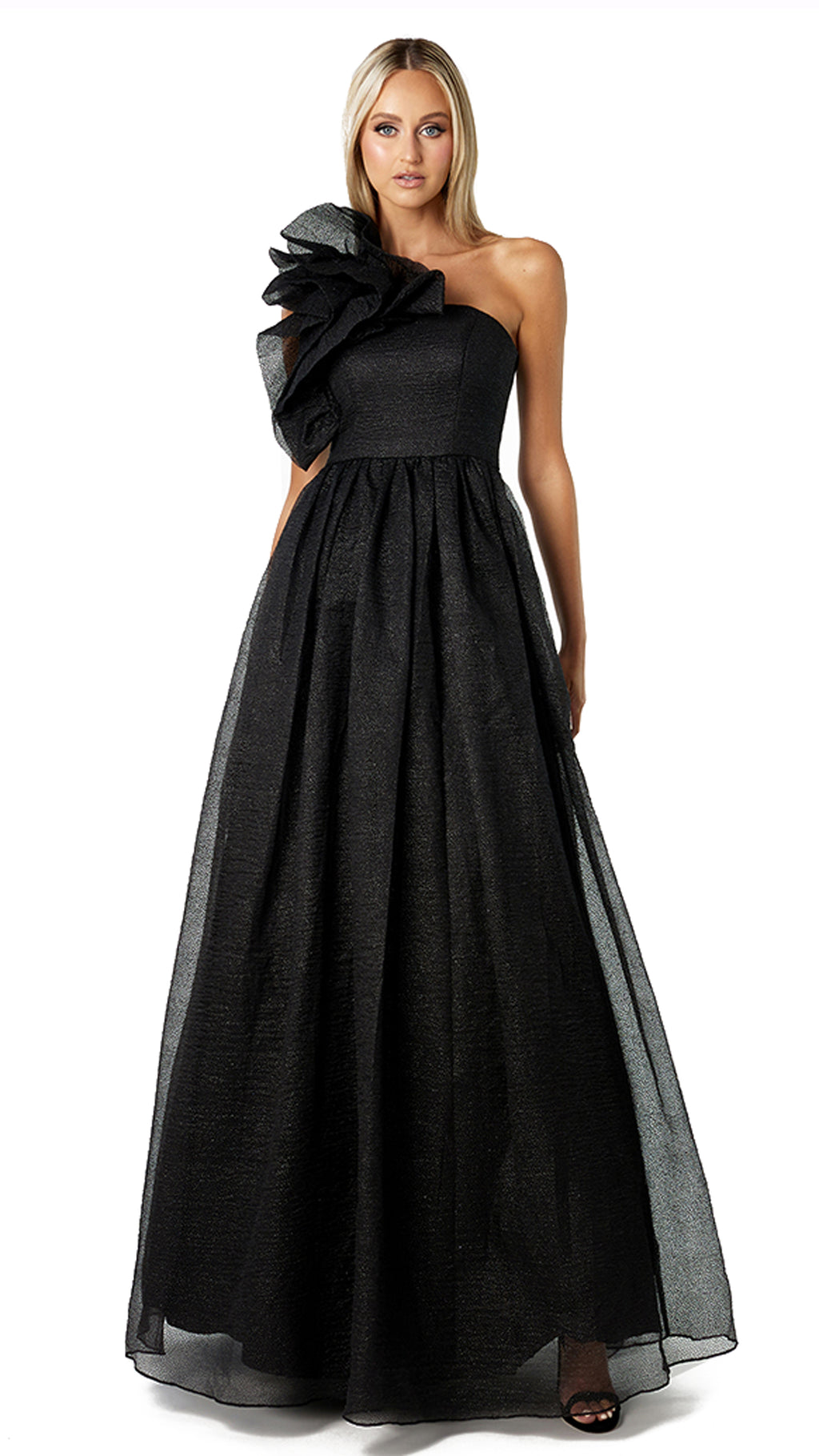Corena One Shoulder Ruffle Ball Gown in Black