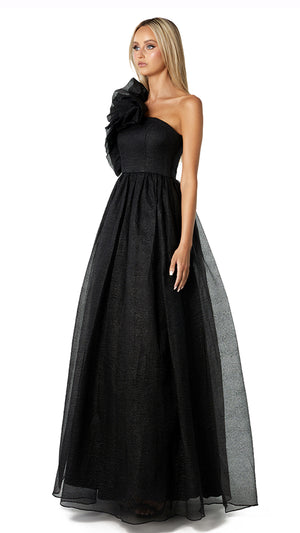 Corena One Shoulder Ruffle Ball Gown in Black SIDE