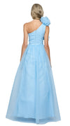 Corena One Shoulder Ruffle Ball Gown in Baby Blue BACK
