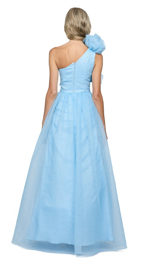 Corena One Shoulder Ruffle Ball Gown in Baby Blue BACK
