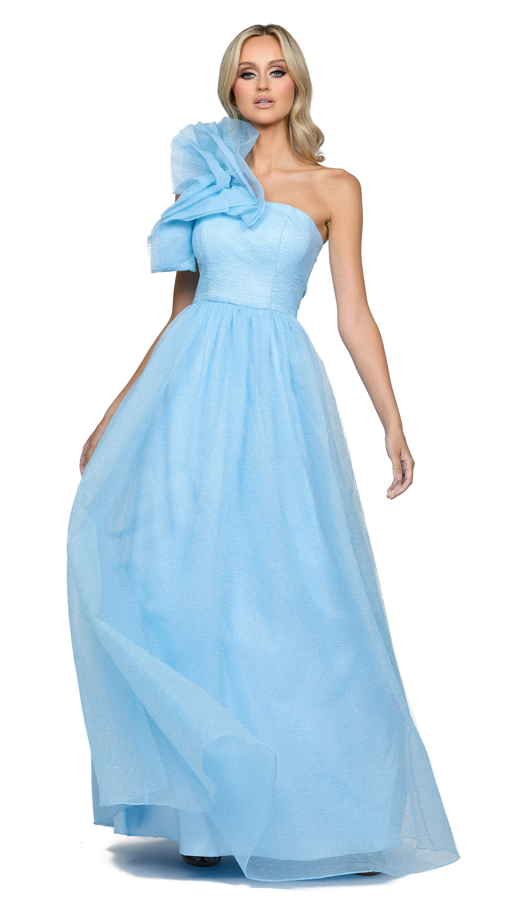 Corena One Shoulder Ruffle Ball Gown in Baby Blue