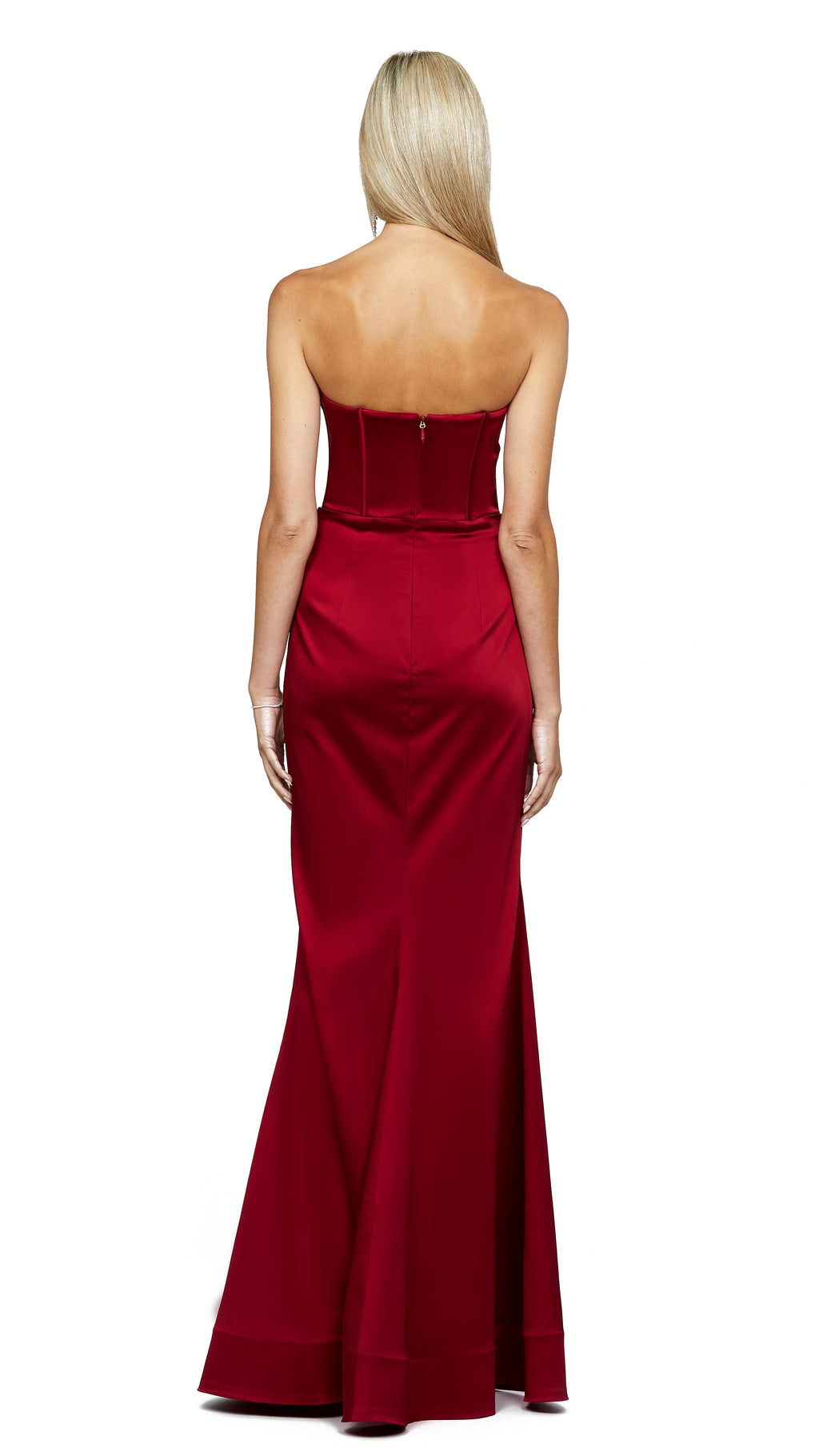 Gess Off Shoulder Fishtail Gown in Burgundy Red BACK