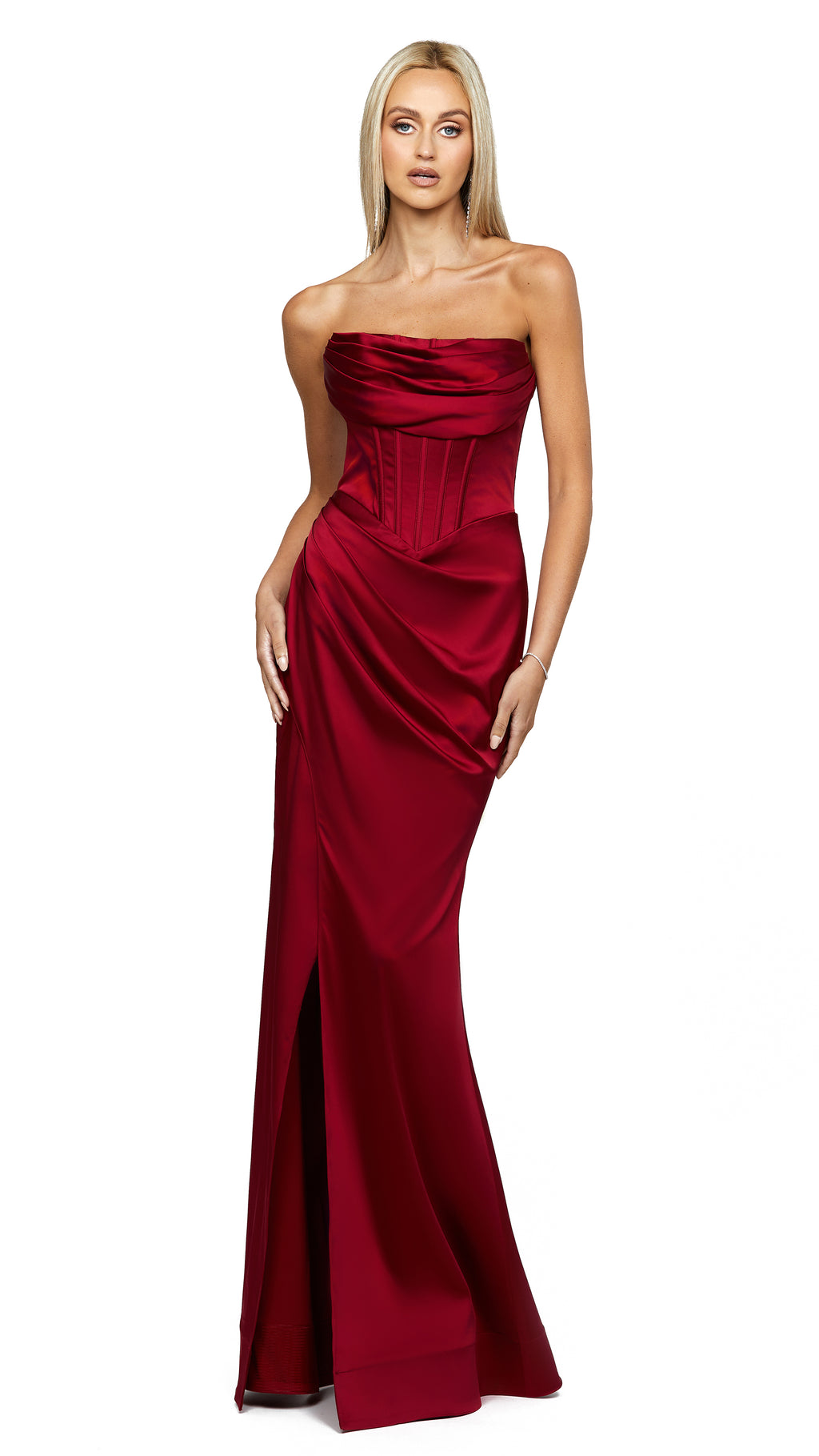 Gess Off Shoulder Fishtail Gown in Burgundy Red