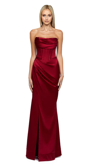 Gess Off Shoulder Fishtail Gown in Burgundy Red FRONT