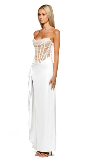 Gwyneth Strapless Overlay Gown in White Nude SIDE