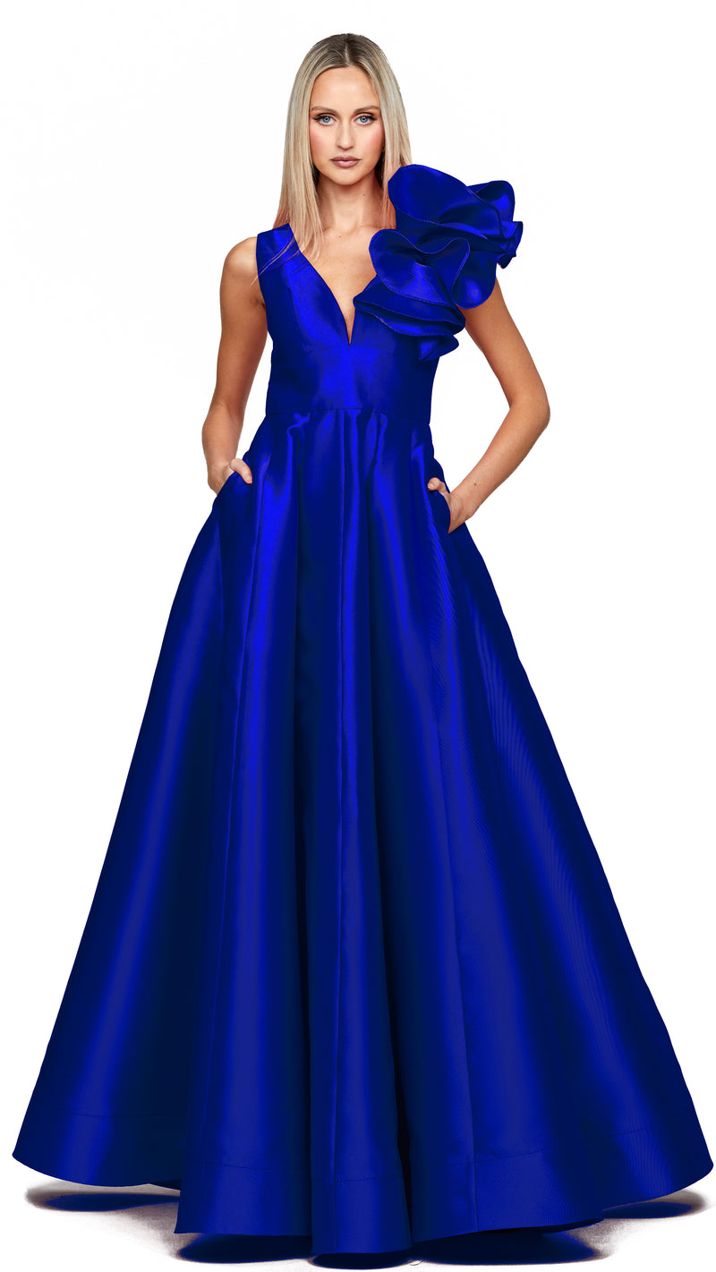 Cece Ruffle Shoulder Gown in COBALT