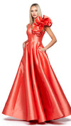 Cece Ruffle Shoulder Gown in Coral 