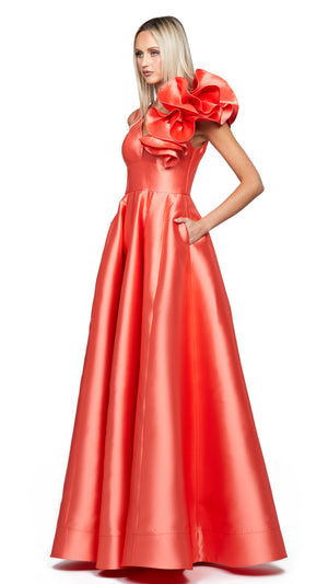 Cece Ruffle Shoulder Gown in Coral SIDE