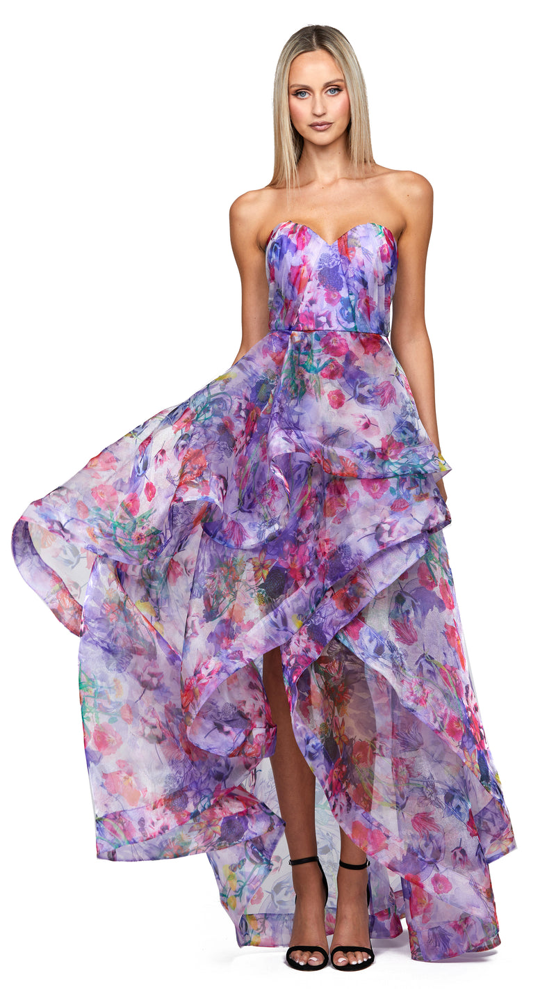 Adelaide Strapless Hi Lo Gown in Lilac Print