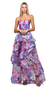 Adelaide Strapless Hi Lo Gown in Lilac Print FRONT