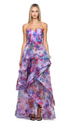 Adelaide Strapless Hi Lo Gown in Lilac Print FRONT2