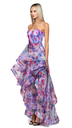 Adelaide Strapless Hi Lo Gown in Lilac Print SIDE