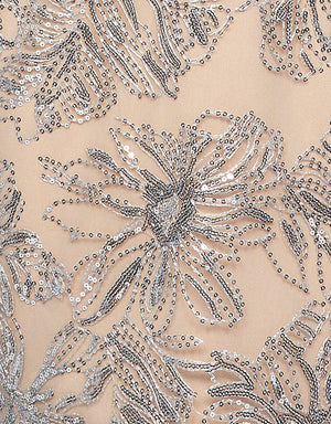 Silver Nude Embroidered Mesh Fabric