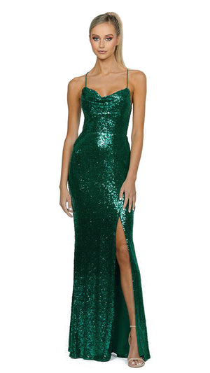 Stephanie Cowl Draped Sequin Gown in Deep Emerald 