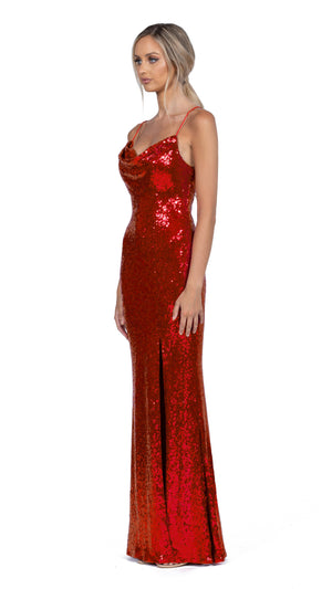 Stephanie Cowl Draped Sequin Gown in Cherry Red SIDE