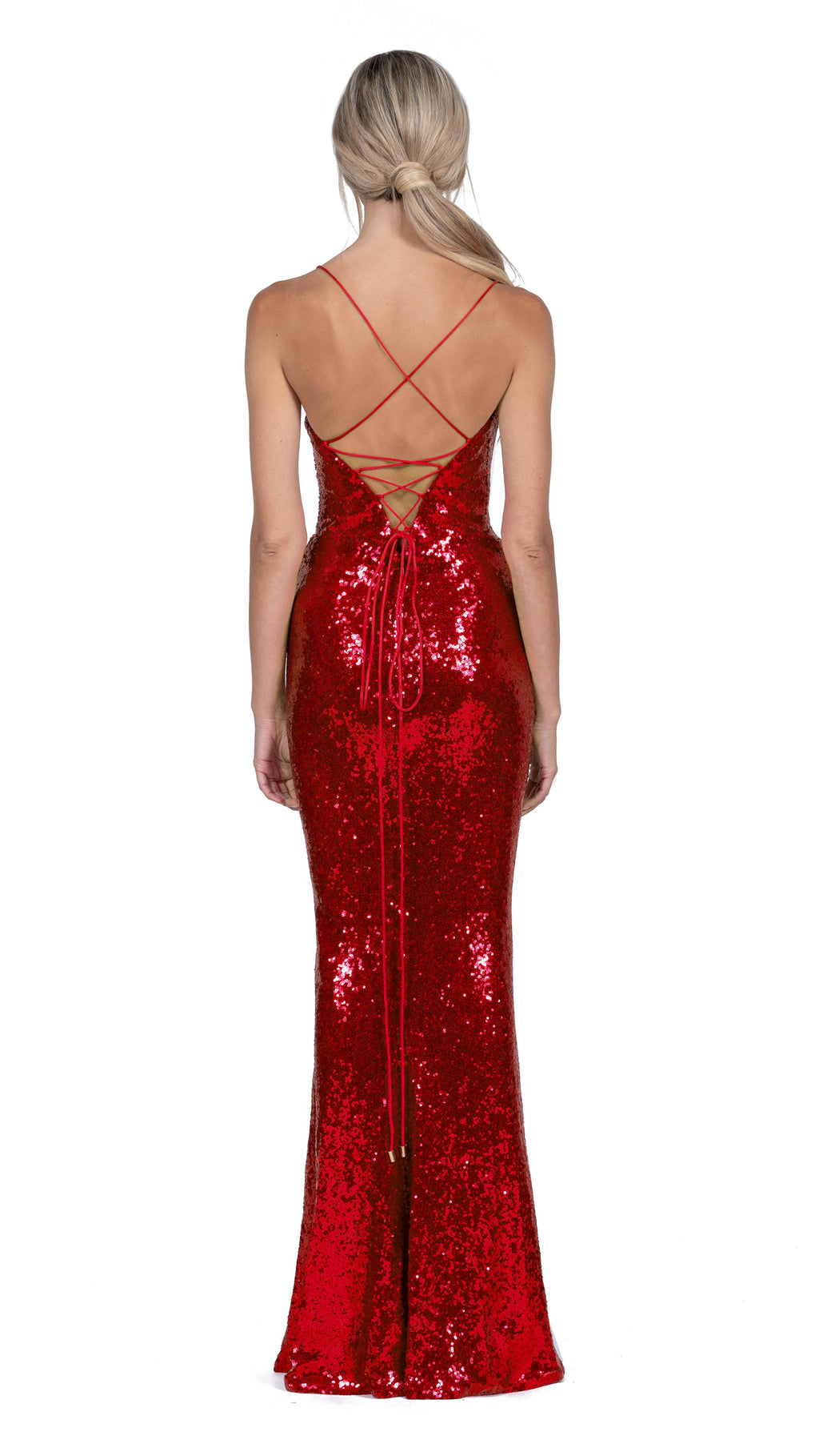 Stephanie Cowl Draped Sequin Gown in Cherry Red BACK