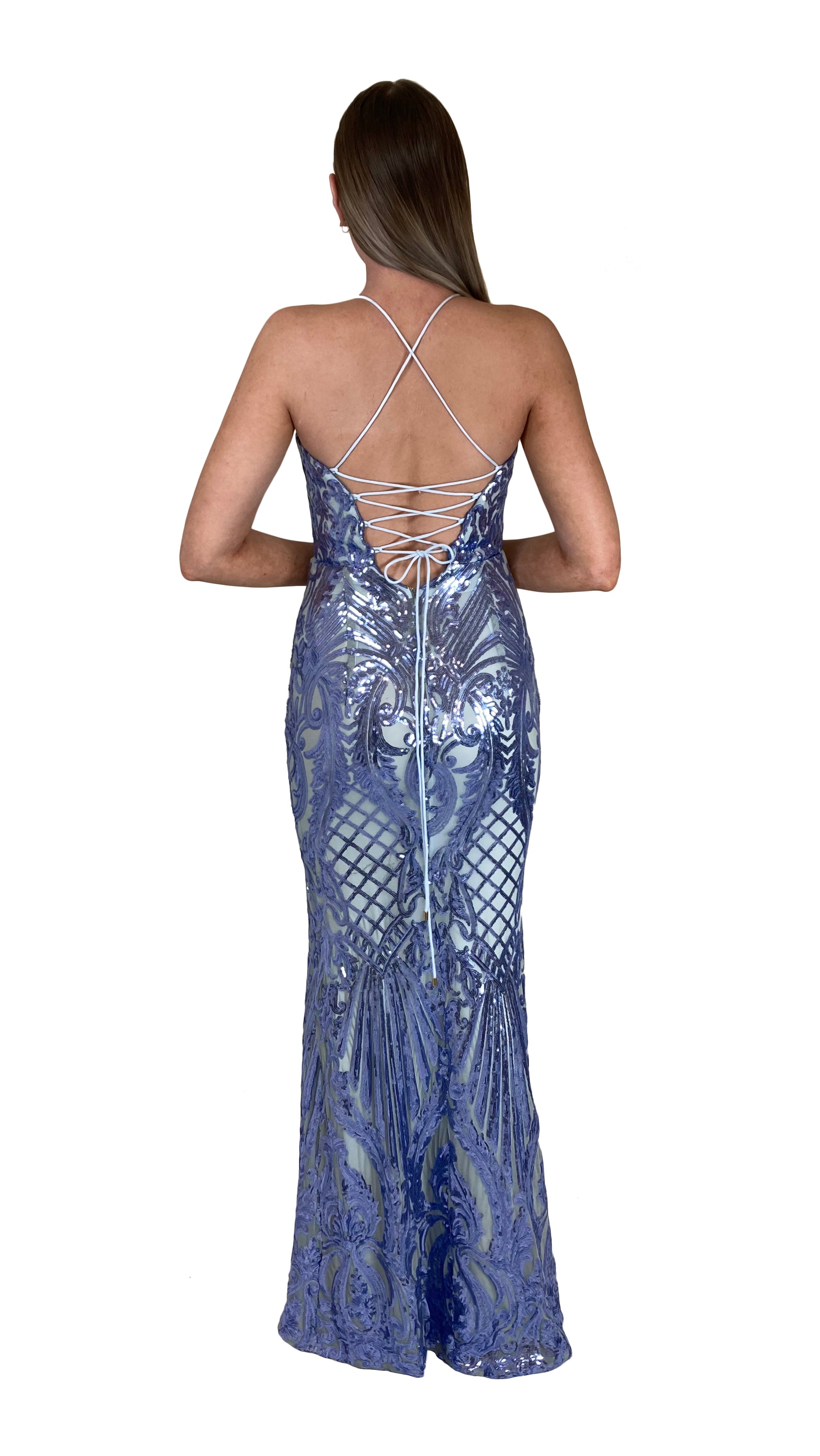 B. Darlin Pattern Sequin Illusion Waist Lace-Up Back Long Dress | Dillard's