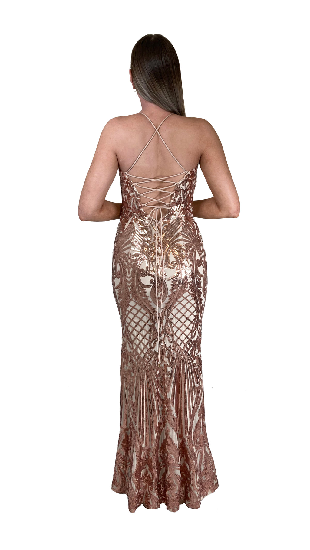 Bariano Collette Scoop Neck Pattern Sequin dress Bronze Gold back