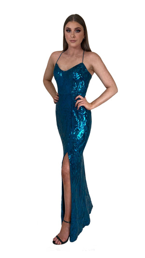 Bariano Collette Scoop Neck Pattern Sequin dress Teal side