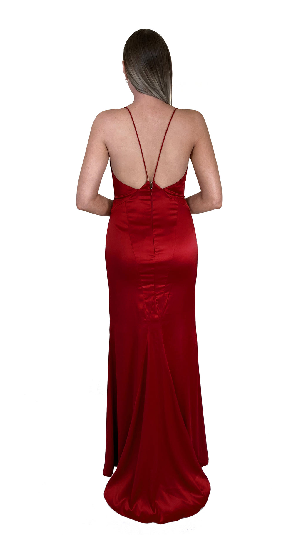 Bariano Nora V Neck Red Satin Gown back