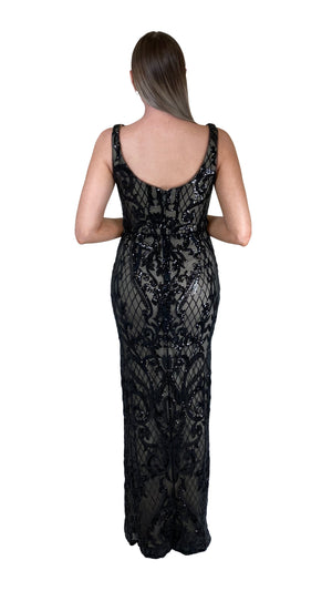 Bariano Dianne Scoop Pattern Sequin Gown Black & Nude sequin back