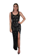 Bariano Dianne Scoop Pattern Sequin Gown Black & Nude sequin