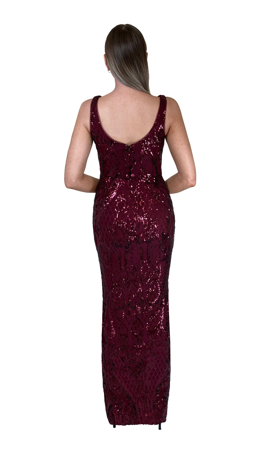 Bariano Dianne Scoop Pattern Sequin Gown Wine back