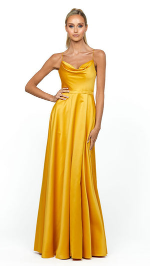 Bariano Diamond Cowl Wrap Gown in Mustard