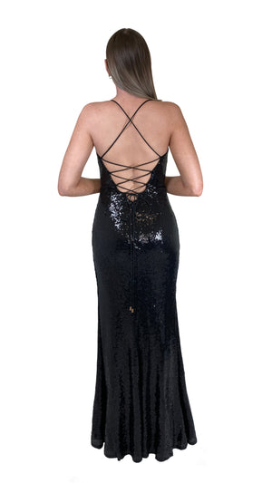 Bariano Alexandrite Wrap sequin gown with front split black back
