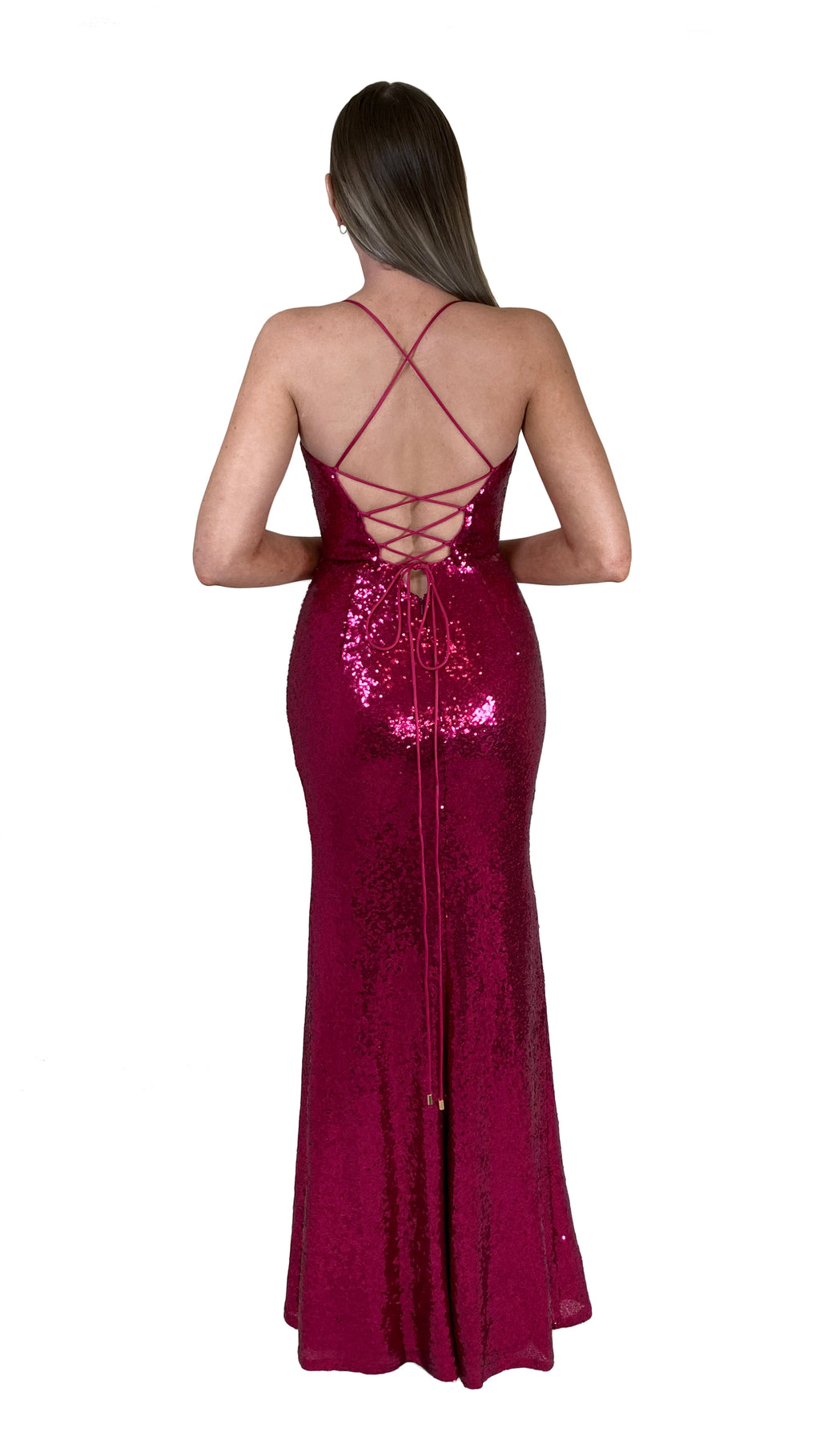 Bariano Alexandrite Wrap sequin gown with front split pink back