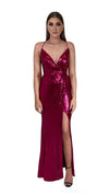 Bariano Alexandrite Wrap sequin gown with front split pink
