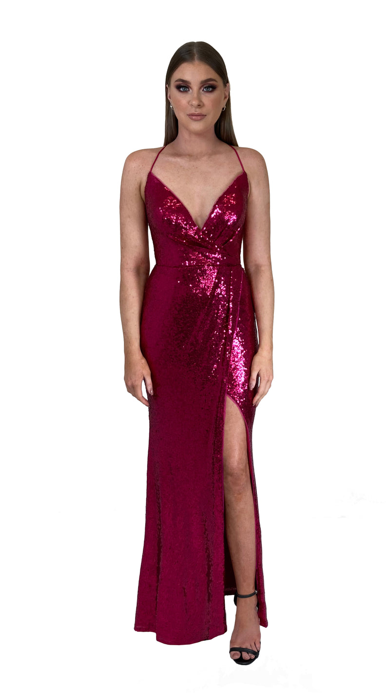 Bariano Alexandrite Wrap Sequin Hot Pink Formal dress