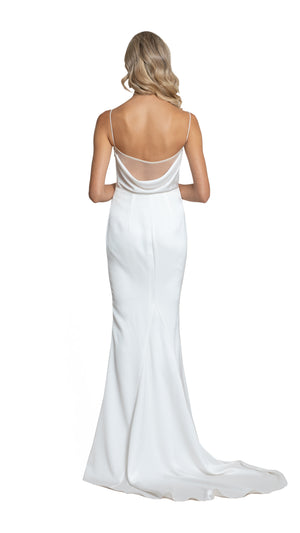 Yasmin Cowl Satin Gown with draped back in white 