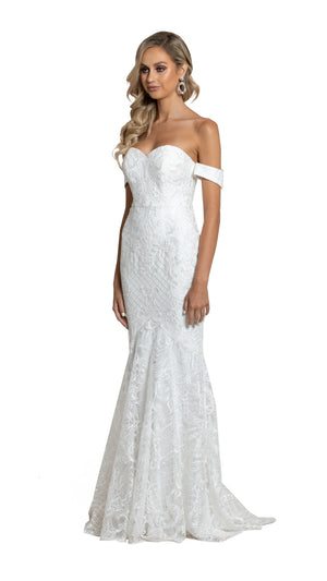 Kalina Off Shoulder Lace Gown with detachable straps in white side