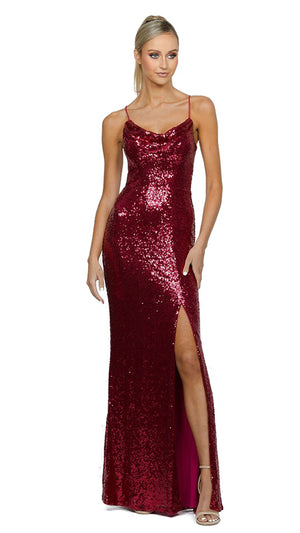 Stephanie Cowl Sequin Gown in Burgundy