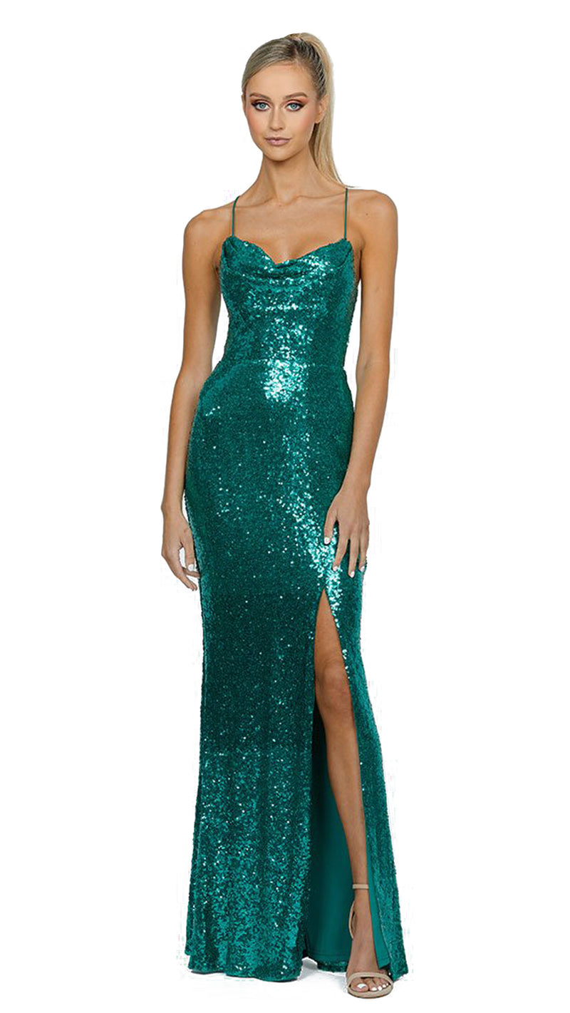 Stephanie Cowl Sequin Gown in Emerald