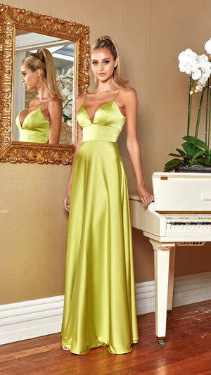 Lexington V Neck Satin Gown in Chartreuse