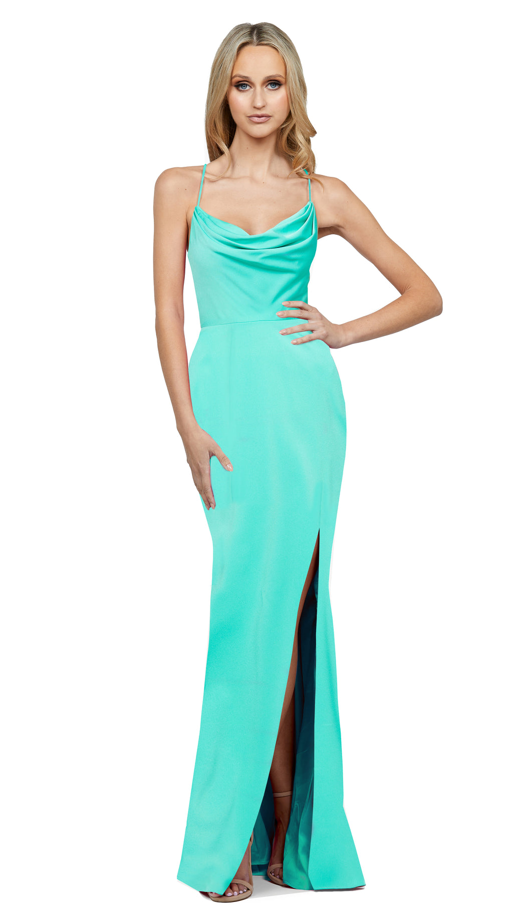 Valentine Cowl Neck Strappy Back Gown in Arcadia