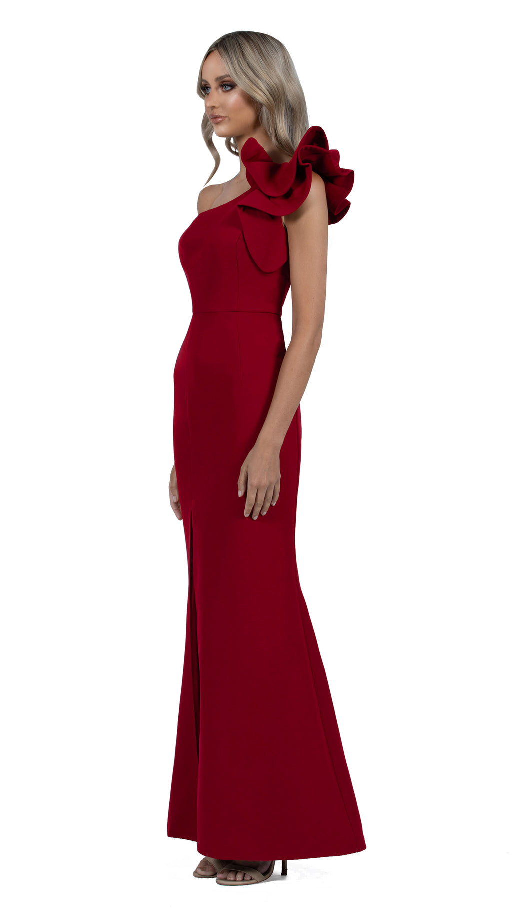 Sue Frill Gown in Burgundy SIDE