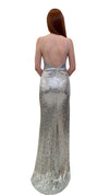 Bariano Zara Exposeed Leg sequin dress silver back