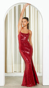 Lana Cowl Draped Sequin Gown in Cherry Red CAMPAIGN 1